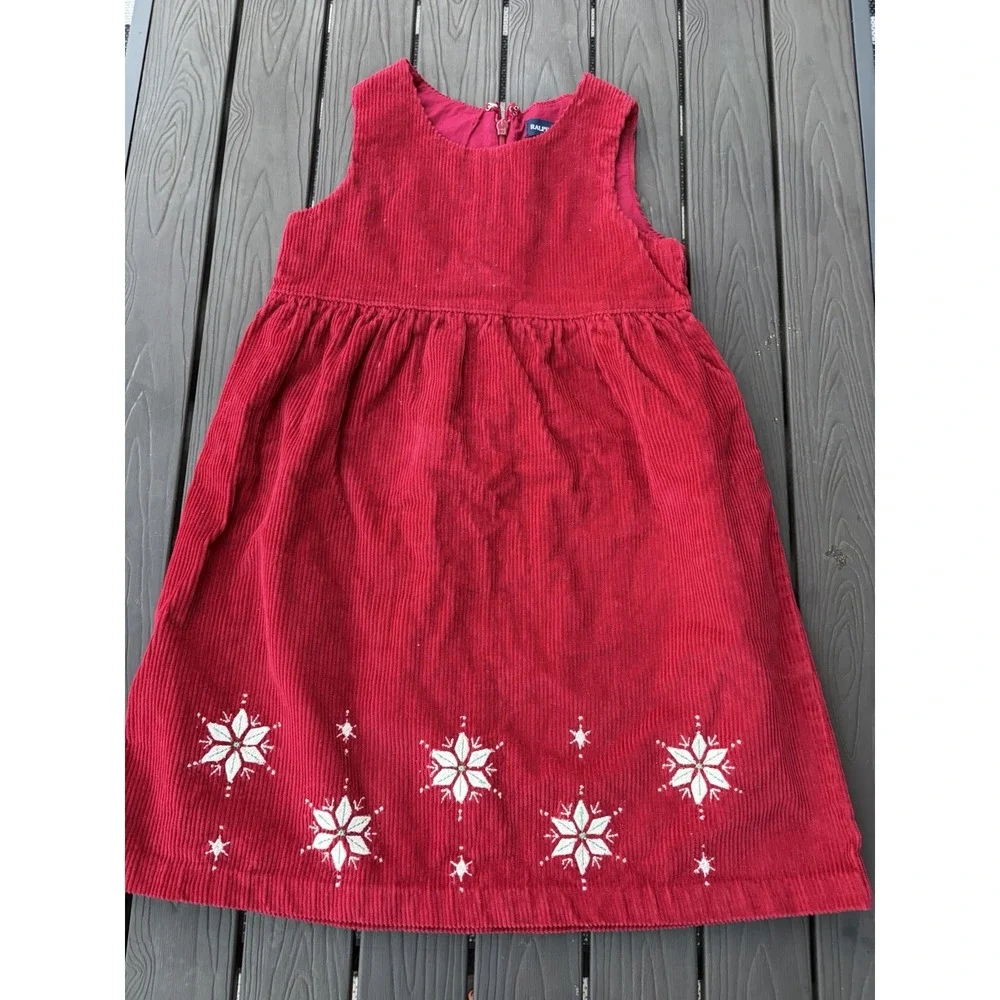 Ralph Lauren GIRLS Corduroy Jumper Dress Size 5 Snowflakes Christmas Holiday Red